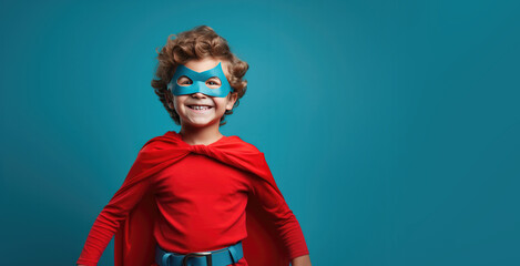 Cute Young Boy Dressed as a Superhero for Halloween on an Blue Banner with Space for Copy - obrazy, fototapety, plakaty