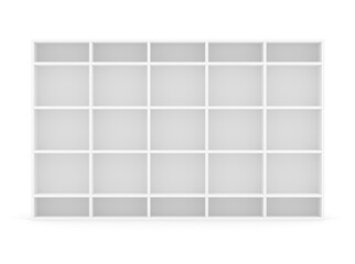 Very long supermarket shelf. Isolated on white. 3D rendering