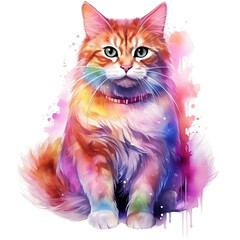 cat, animal, watercolor, pet, cute, kitten, beautiful,  face, fluffy, colourful, baby, Generative AI 