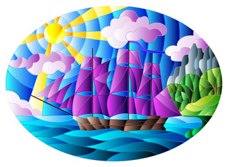 Illustration in stained glass style with sailboats with purple sails against the sky, the sea and the sunrise