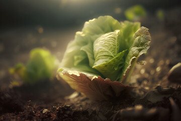 Generative AI illustration showing closeup of fresh green lettuce leaves growing on ground on sunny day in countryside