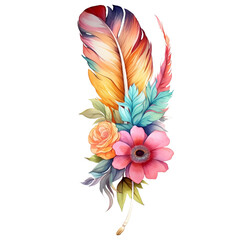 feather, flowers, watercolor, illustration, design, art, bird, isolated, vintage,  boho, Generative AI