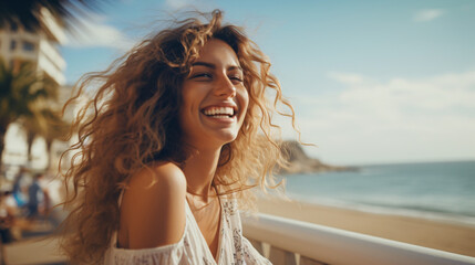 Happy beautiful young woman smiling at the beach side - Delightful girl enjoying sunny day out - Healthy lifestyle concept with female laughing outside - obrazy, fototapety, plakaty