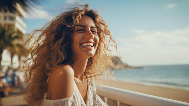 Happy beautiful young woman smiling at the beach side - Delightful girl enjoying sunny day out - Healthy lifestyle concept with female laughing outside
