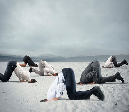 Afraid business people hide their head under the ground like an ostrich. Fear of crisis concept