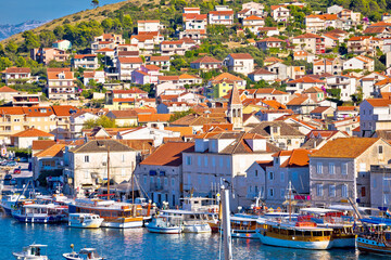 Fototapeta na wymiar Town of Trogir seafront nature and architecture view, Island of Ciovo, Dalmatia, Croatia