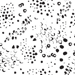 Vector graphics with black round dots seamless pattern. Abstract elements of black graphics are highlighted on a white background. Blot by hand ink background. Illustration in scribbles.