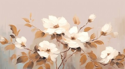 Illustration of white flowers and leaves on light beige background in oil painting brush style.