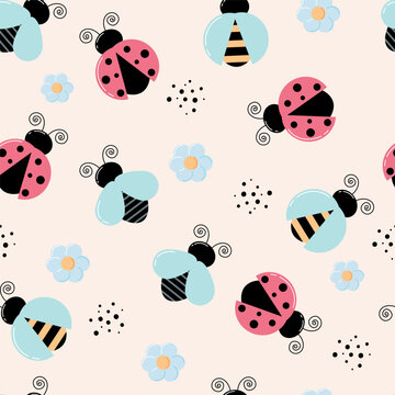 Seamless pattern with cute ladybugs, bees and flies. Vector background with colorful insects. Template for fabric, packaging, office, wallpaper. Cartoon style.