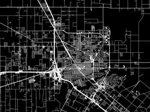 Vector road map of the city of  Harlingen Texas in the United States of America with white roads on a black background.