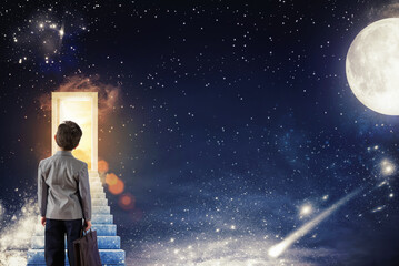Boy climbs the stairs to a door with sunlight on a starry sky with the moon and the stars