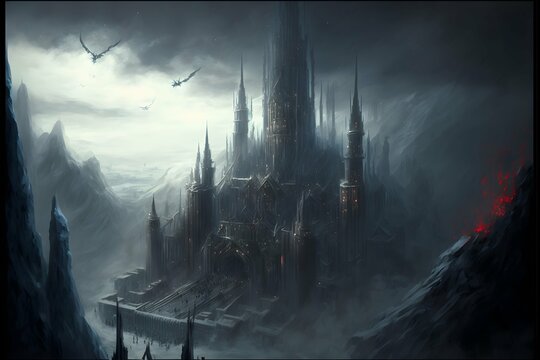 massive huge giant intricate dark fantasy castle view from space of an enormous gothic castle fortress in the snowy mountains massive sharp edge spires towers stone black slate thick obelisks 