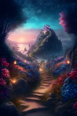 Obraz premium a landscape of the most magical fairy land filled with a garden of beautifl dahlias roses and delphiniums with a path leading up a hill to a magical fairy kingdom photo realistic dreamy mist photo 