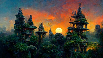 Jungle city of stone temples and treehouse villages fantasy intricate detail magical painting sunset or night 