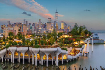 Cityscape of downtown Manhattan skyline with the Little Island Public Park in New York City at sunrise - 617508364