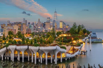 Tuinposter Cityscape of downtown Manhattan skyline with the Little Island Public Park in New York City at sunrise © f11photo