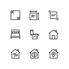 Real estate icon set. Included the icons as property, mortgage, Bedrooms, Area, Hood and more. Outline icons collection. simple Vector illustration