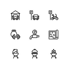 Real estate icon set. Included the icons as garage, parking, house plan, grill Area and more. Outline icons collection. simple Vector illustration