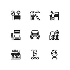 Real estate icon set. Included the icons as living room, backyard, rooftop, Playground Area and more. Outline icons collection. simple Vector illustration