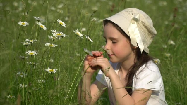 little white teen girl sniffing spring chamomile flowers in the field