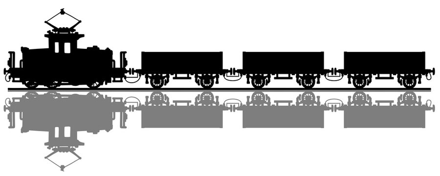 Hand drawing of a black silhouette of a vintage electric cargo train with a gray shadow