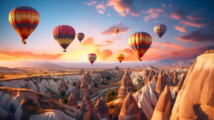 Hot air balloons flying in sunset Volcanic rock formations in Cappadocia, Anatolia, Turkey - 617509104