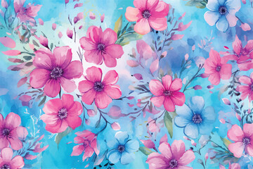 Seamless pattern of flowers with pink and blue tones. A watercolor floral design in pinks and blues. Pink flowers background. Vector illustration for print, painting. 8k, 4k, hd