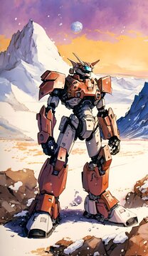 Terracotta Robotech Mecha Warrior superimposed with concept art made from liquid ink and watercolor of snowy mountains weird tall alien animals large oval clean structure protruding from the snow 