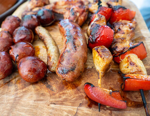 Grilled sausages. Summer holidays in Spain