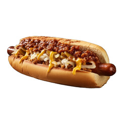  a delicious chili cheese hot dog on a bun with onions