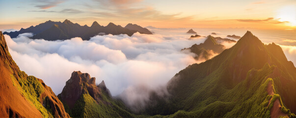 Naklejka na ściany i meble The landscape of the Madeira Mountains with peaks above the clouds. generative ai