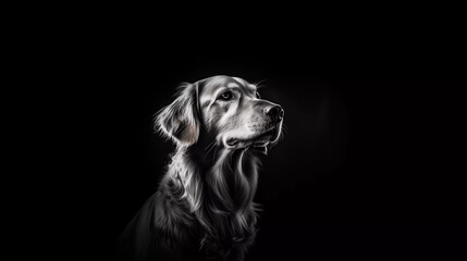 Black and white photograph of a Golden Retriever dog with a black background