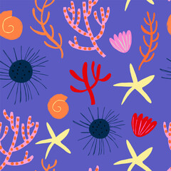 Obraz premium Sea life seamless pattern. Repeating image with animals of underwater world for printing on childrens bedding. Cartoon flat vector illustration. Vector illustration