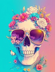 skull with sunglasses and flowers