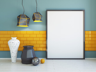 Interior mockup illustration, 3d render, blue wall with blank board