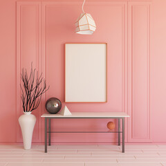 Interior mockup illustration, 3d render, pink wall with blank board