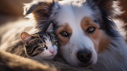 Close-up of a Australian Shepherd Dog and a Tabby Cat face-to-face