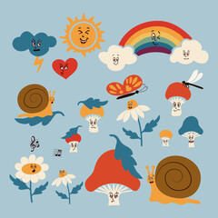 Groovy retro emoticons collection. Trendy vintage characters in flat cartoon style. Snail, daisies, mushrooms, fungus, sun, clouds, rainbow. Perfect for decoration, greeting cards, postcards stickers