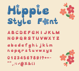 Hippie groovy style cartoon alphabet design. Vintage 3d funky typeface. Stylized isolated characters, numbers and special signs. Trendy typeset Perfect for nostalgia lettering design, posters