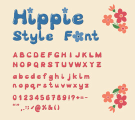 Hippie groovy style cartoon alphabet design. Vintage 3d funky typeface. Stylized isolated characters, numbers and special signs. Trendy typeset Perfect for nostalgia lettering design, posters