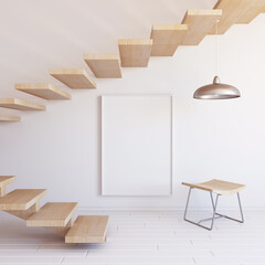 Interior mockup illustration with wooden staircase, 3d render, white wall with blank board