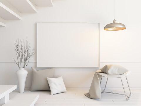 Interior mockup illustration with decor, 3d render, white wall with blank board