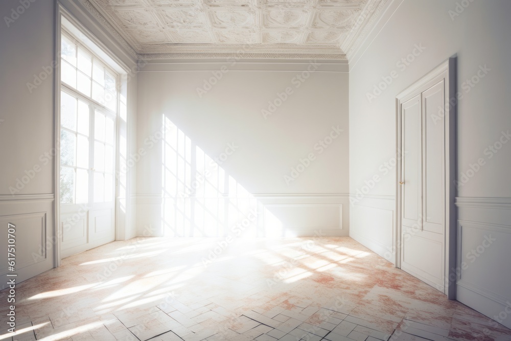 Poster empty room with a window, Luminous Serenity: A Captivating 3D Perspective of a White Room with Dappled Light, Minimalist Backgrounds, and Spectacular Backdrops