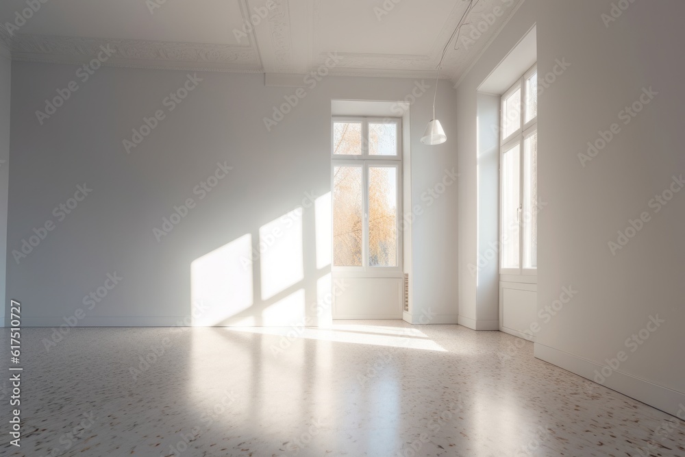 Poster empty room with a window, Luminous Serenity: A Captivating 3D Perspective of a White Room with Dappled Light, Minimalist Backgrounds, and Spectacular Backdrops