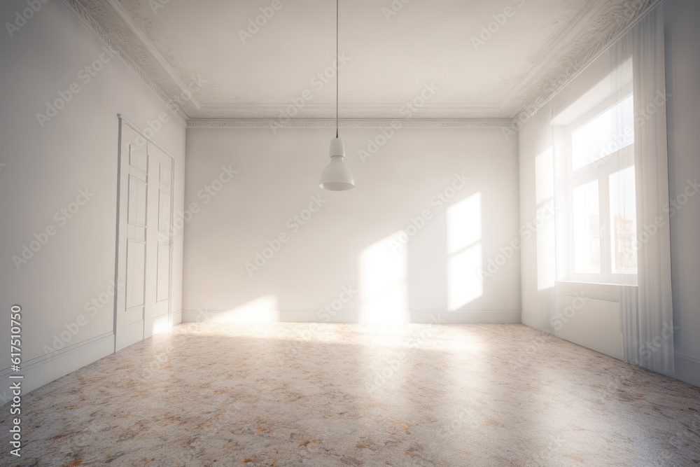 Poster empty room with a window, luminous serenity: a captivating 3d perspective of a white room with dappl