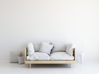 Fototapeta na wymiar Interior mockup illustration, 3d render of scandinavian style room with sofa, white blank wall