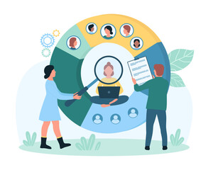 Audience segmentation vector illustration. Cartoon tiny people holding magnifier to research potential client and brands niche, divide category and groups of different people in infographic pie chart