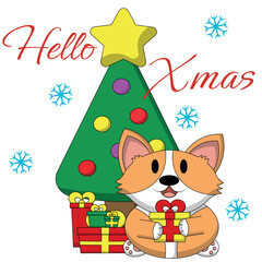 Christmas greeting postcard with character Corgi with Christmas tree and gift box