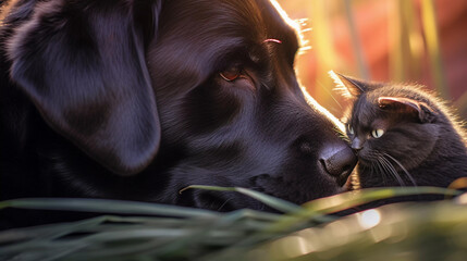 Close-up of a Labrador Dog and a Black Cat face-to-face