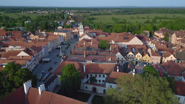 Historic marketplace Trebon Wittingau czech. Gorgeous aerial view flight drone